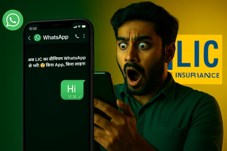 A person looking surprised at a smartphone screen showing a WhatsApp chat with 'Hi' typed and LIC logo in the background